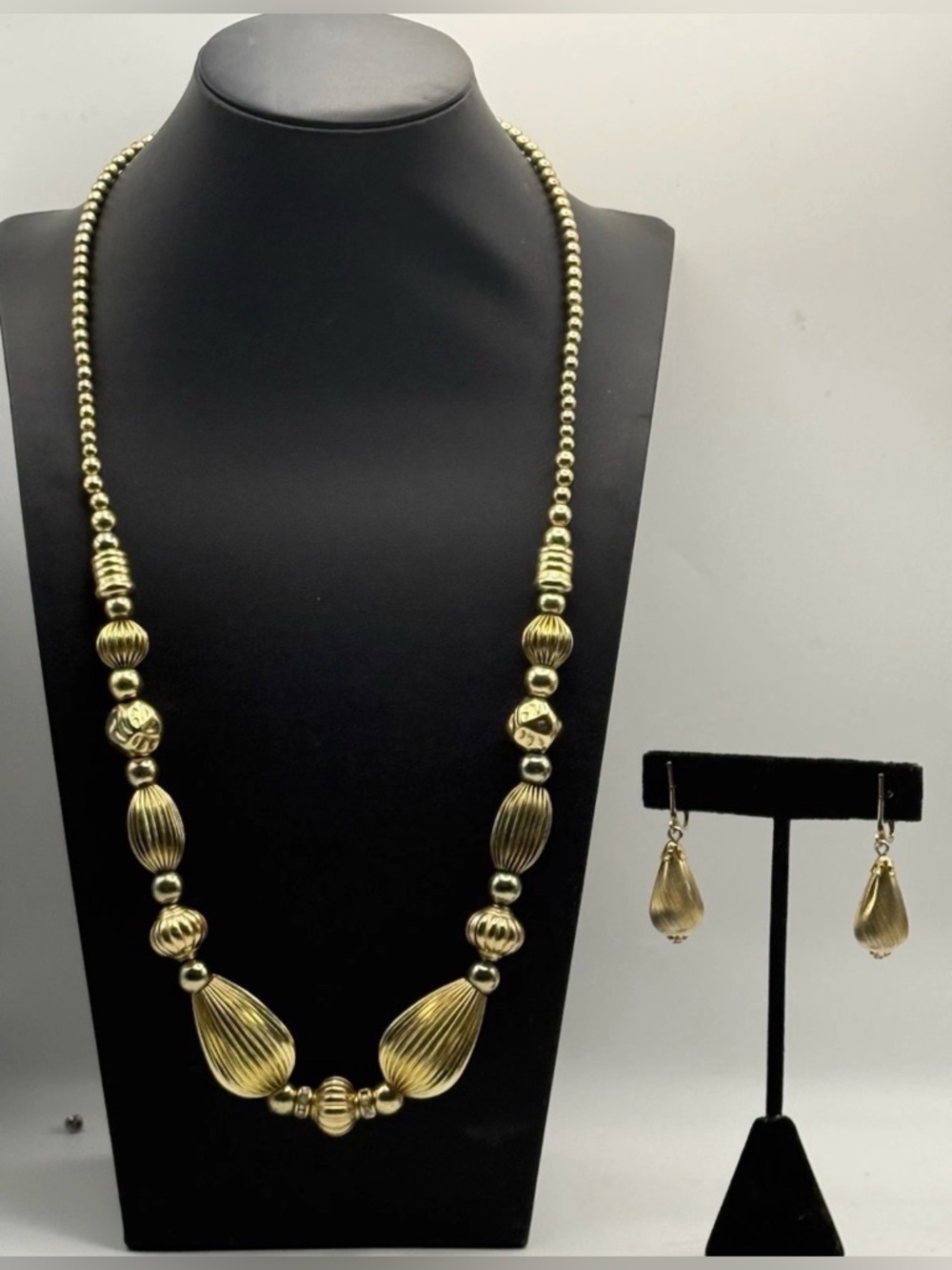 Vintage Gold Tone Textured Beaded Statement Necklace & Teardrop Earring Set MCM